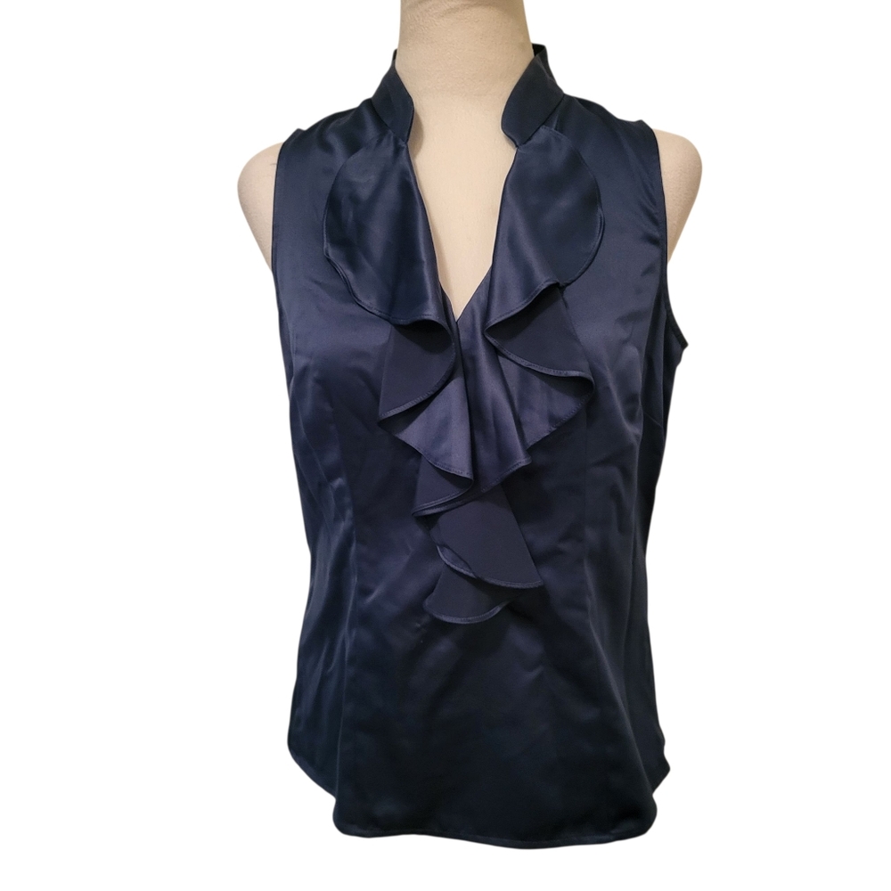 Ann Taylor Ruffle Satin Blouse Blue sz 6P